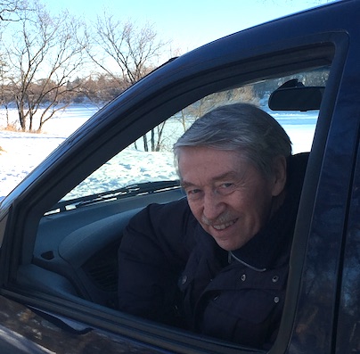 A photo of the author driving in snow.